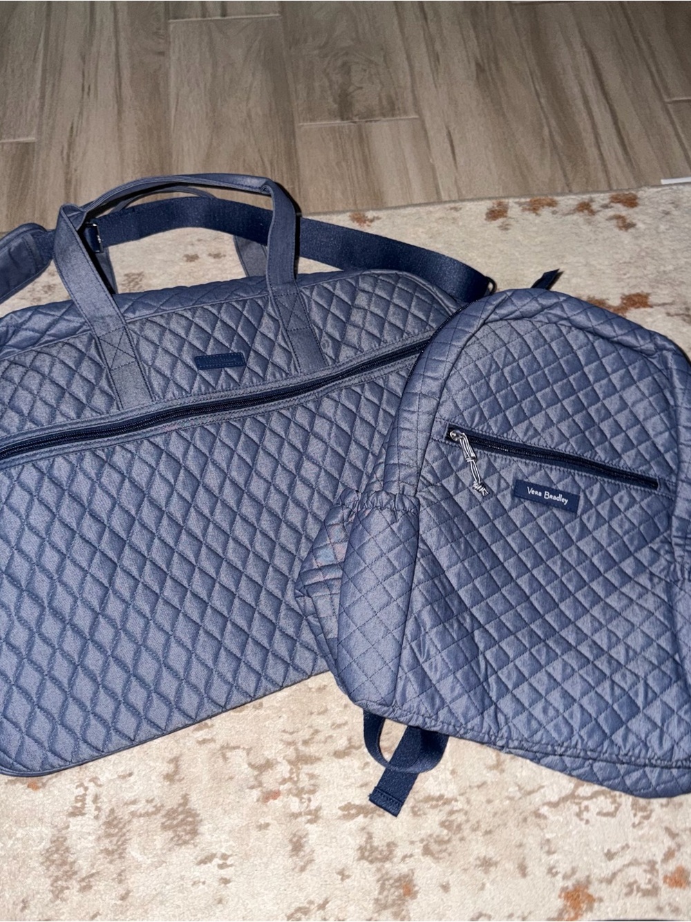 Vera Bradley Quilted Navy Duffel and Backpack Set
